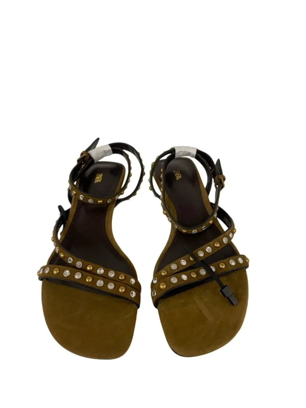 Zara Womens Suede Sandals EU 38 US 7.5 Olive Green Studded Heels 1346/610 NWOB - Picture 2 of 12